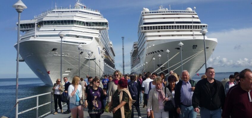 travelers going to and from the cruise ship