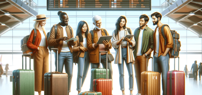 A diverse group of travelers, including individuals of Caucasian, Hispanic, Black, and Asian descent, gather around a tablet at an airport terminal. They are attentively viewing an 'ETIAS Group Application' form on the device.