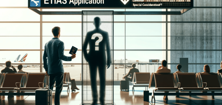 A traveler, clutching a passport, looks worriedly at an 'ETIAS Application - Special Considerations' board, with a ghostly silhouette marked by a question mark nearby, epitomizing the doubt cast by a criminal record in an otherwise busy airport setting.