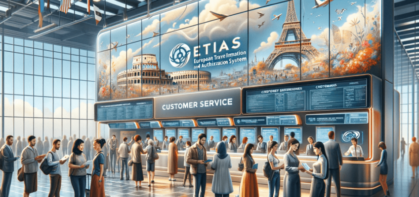 A customer service center with a diverse group of travelers interacting with staff in front of digital screens displaying the ETIAS logo.