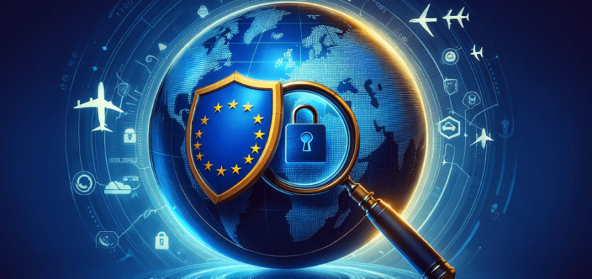 A stylized globe centered on Europe, with security symbols such as a shield with the EU flag, a magnifying glass on the continent, and a padlock.