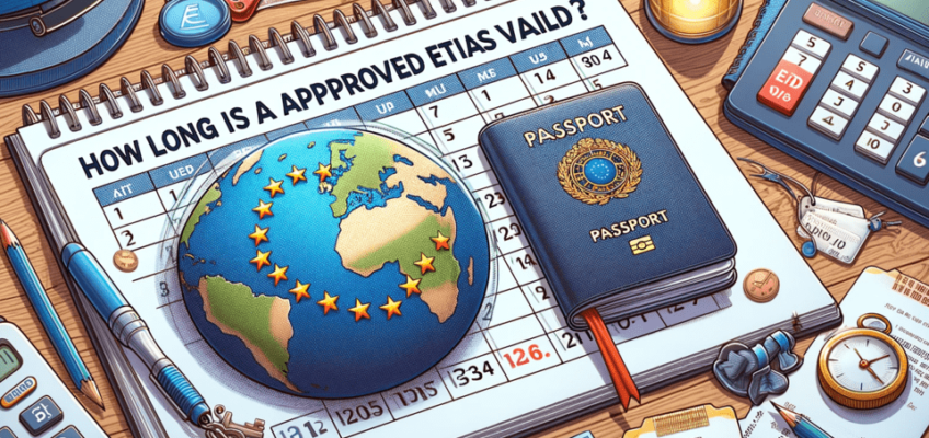 A calendar with highlighted dates, an EU flag, a passport with an ETIAS stamp, a desk with travel items like a globe and plane tickets.