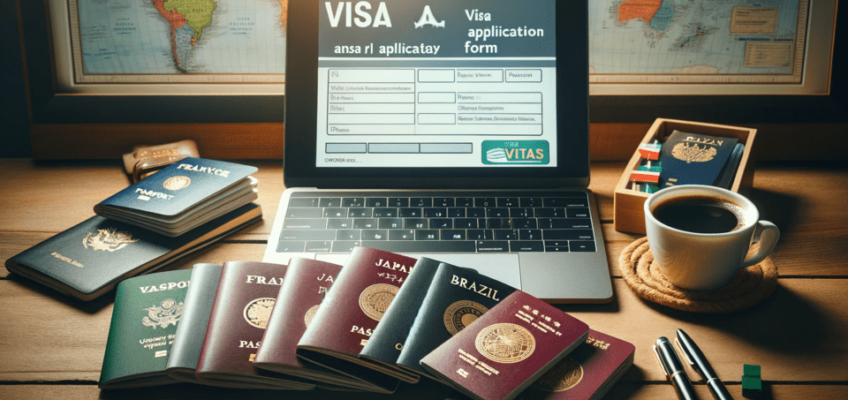 A laptop on a desk displaying a visa application form, surrounded by multiple passports from various countries, a cup of coffee, pens, and a world map in the background.