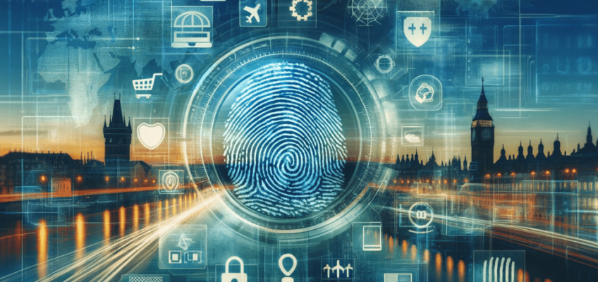 A fingerprint, a digital passport, and security symbols, in blues and greens, symbolizing the ETIAS system's role in enhancing travel safety.