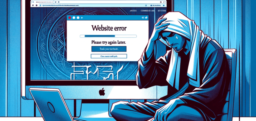 A Middle-Eastern individual looking frustrated in front of a computer with a website error message on the screen.