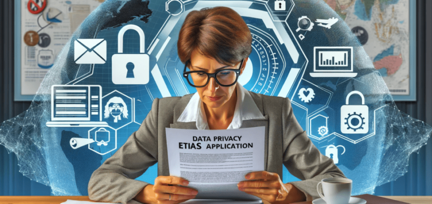 A middle-aged Hispanic woman with short brown hair and glasses focuses intently on a 'Data Privacy Agreement' document at her desk.