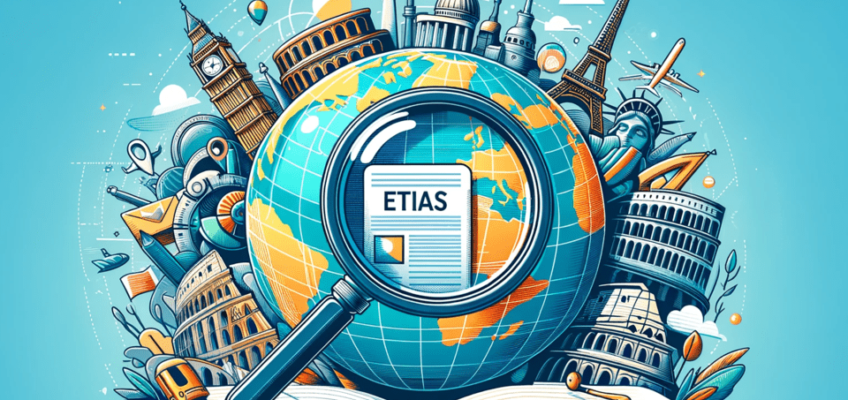 Stylized globe focused on Europe with iconic landmarks like the Eiffel Tower and the Colosseum, and a magnifying glass highlighting an ETIAS document.