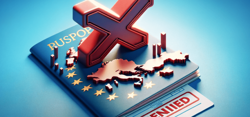 A conceptual image depicting the denial of a European travel authorization (ETIAS) with a large red 'X' over a stylized map of Europe and a passport with a rejection stamp below.