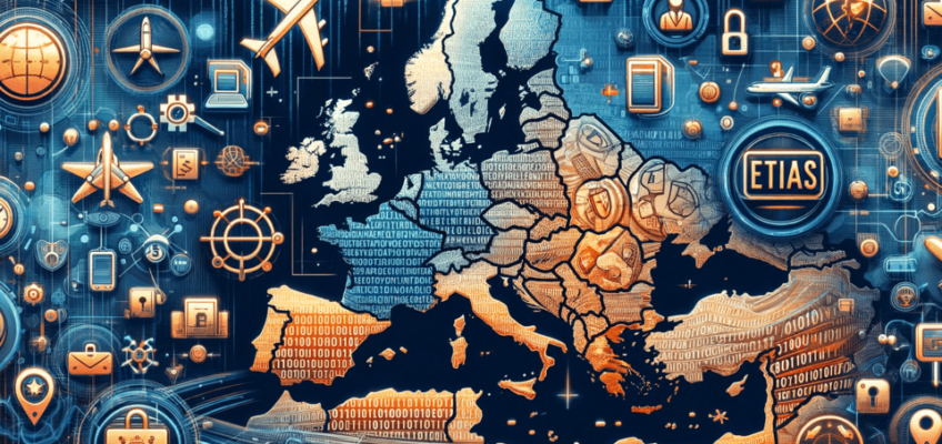 Features a digital overlay with binary code and security symbols, and the acronym 'ETIAS' prominently displayed, representing the European Travel Information and Authorization System.