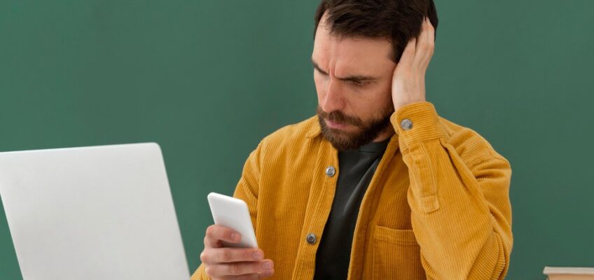 A man appears perplexed while looking at his smartphone with his laptop open in front of him, suggesting he is searching for information or dealing with a complex issue.