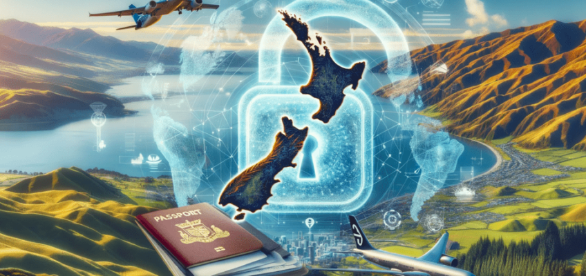 A beautiful New Zealand landscape with rolling hills and a clear sky, a digital padlock over a map of New Zealand symbolizing security, and a passport with a plane representing international travel, conveying safety, technology, and tourism in New Zealand.