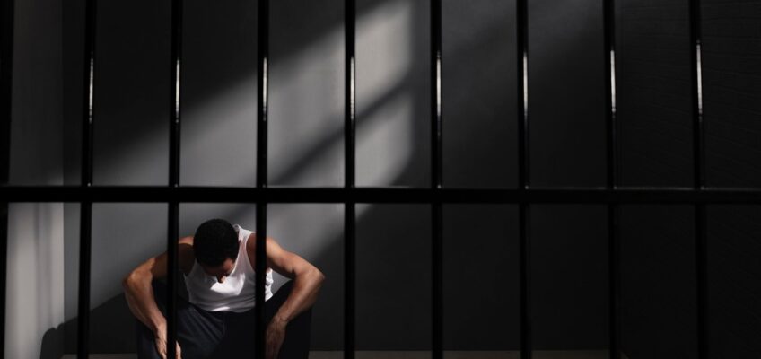 A despondent man sitting on the floor behind prison bars, reflecting on the challenges of applying for travel authorization with a criminal history.