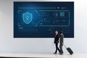 Two business travelers walking past a large digital display showing security and data analytics graphics, symbolizing the technology behind the U.S. Electronic System for Travel Authorization (ESTA).