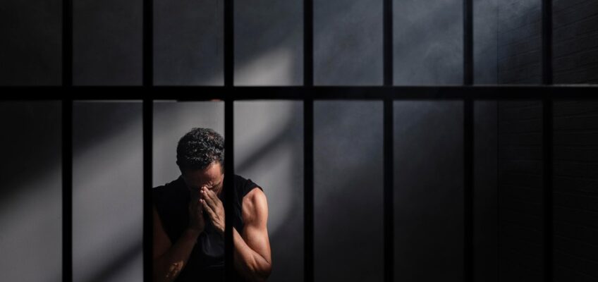 A despondent person sitting behind bars with their head in their hands, highlighting the challenges faced by individuals with a criminal record.