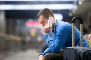 A man sitting in an airport with his suitcase, looking troubled as he talks on his phone, possibly dealing with travel issues.