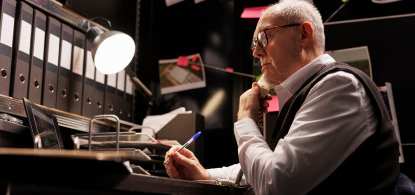 An elder man with glasses, dressed in a sleeve shirt with a vest, surrounded by folders and sticky notes, suggesting research possibly related to visa applications or background checks.