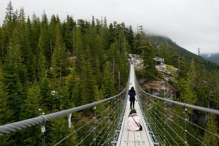 Two women at the hanging bridge at Squamish, BC, Canada.