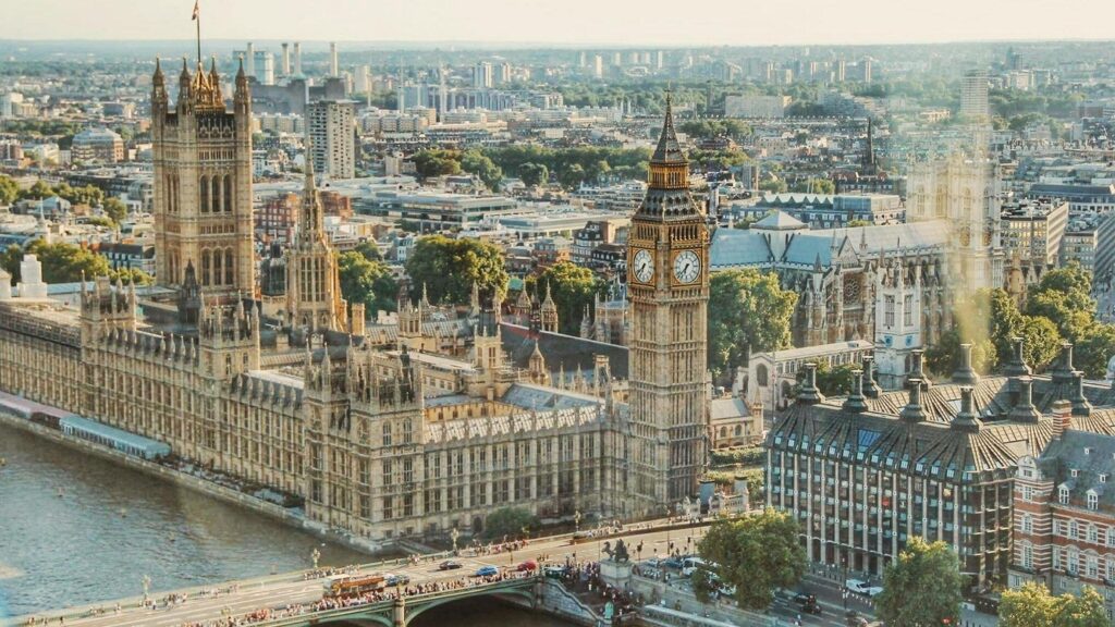 Aerial view of Big Ben and the Houses of Parliament in London.